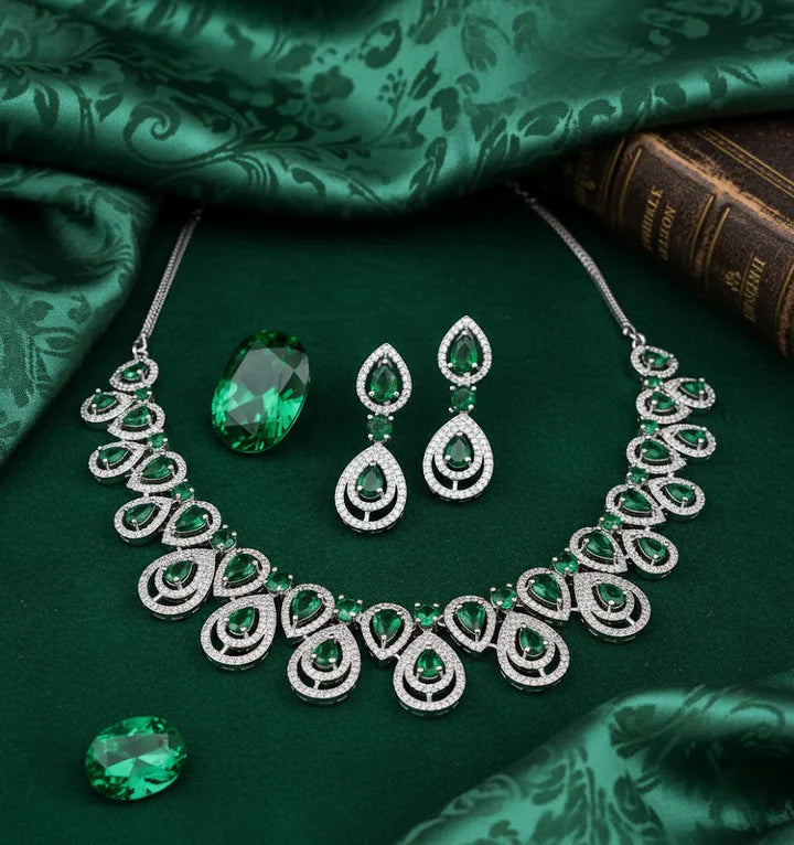 American Diamond Green Necklace Set