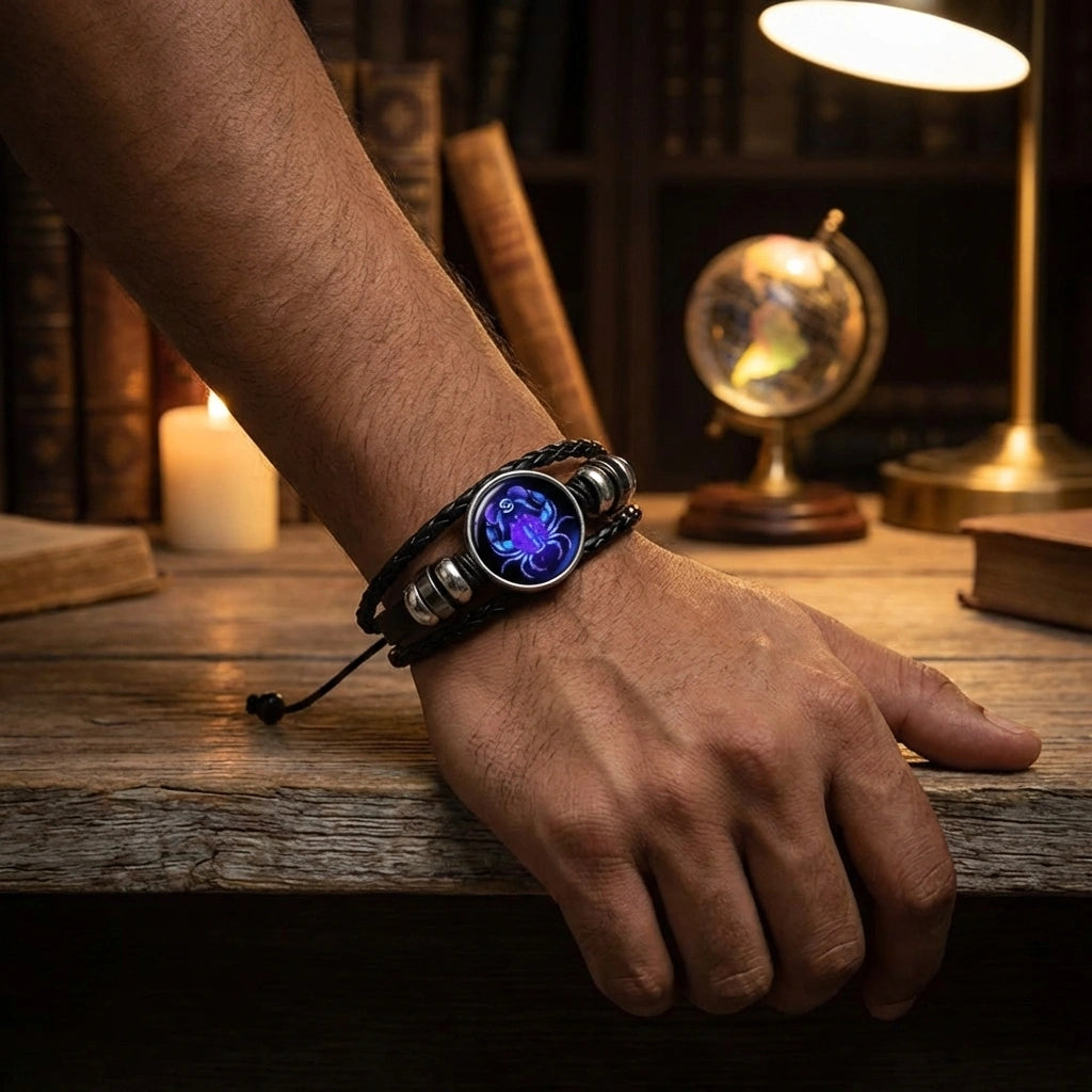 Zodiac Constellation Black Leather Bracelet