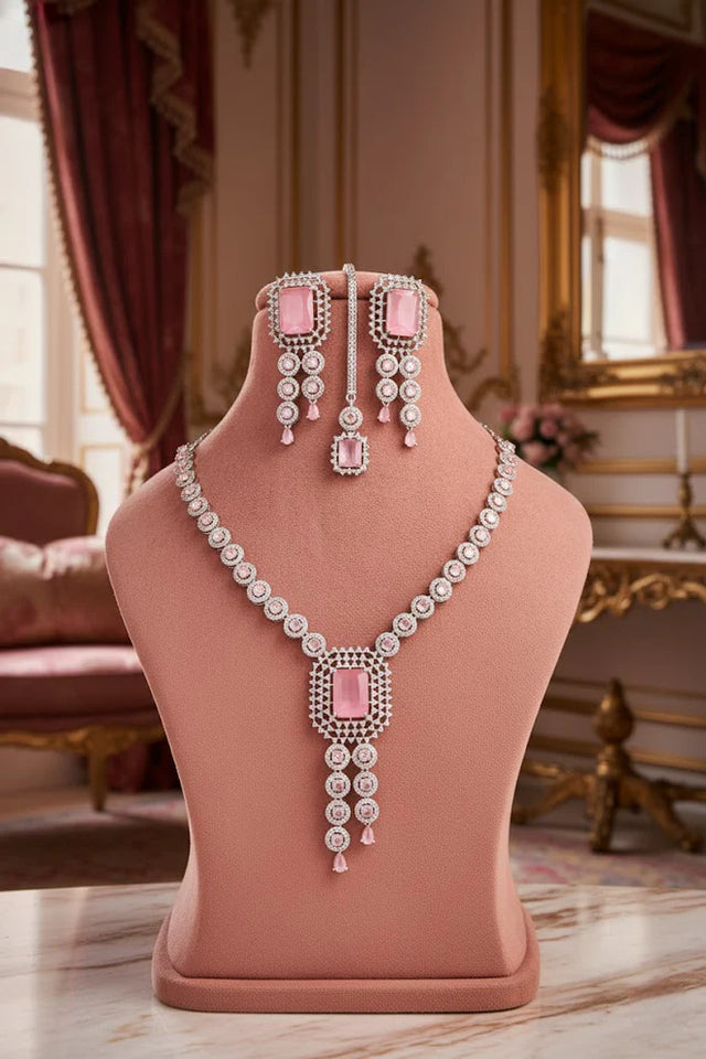 American Diamond Pink & White Necklace Set