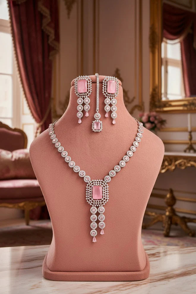 American Diamond Pink & White Necklace Set
