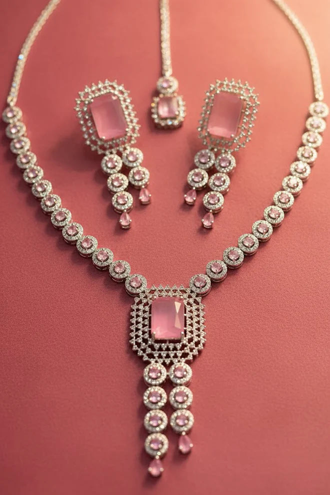 American Diamond Pink & White Necklace Set