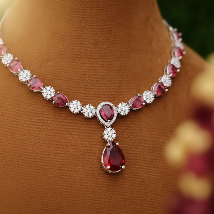 American diamond & red teardrop necklace set