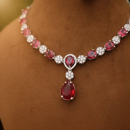American Diamond & Red Teardrop Necklace Set