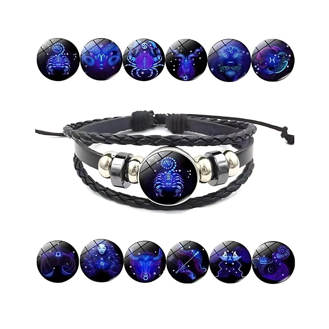 Zodiac Constellation Black Leather Bracelet