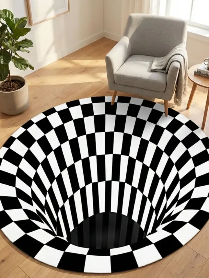 3D Round Black & White Check Carpet