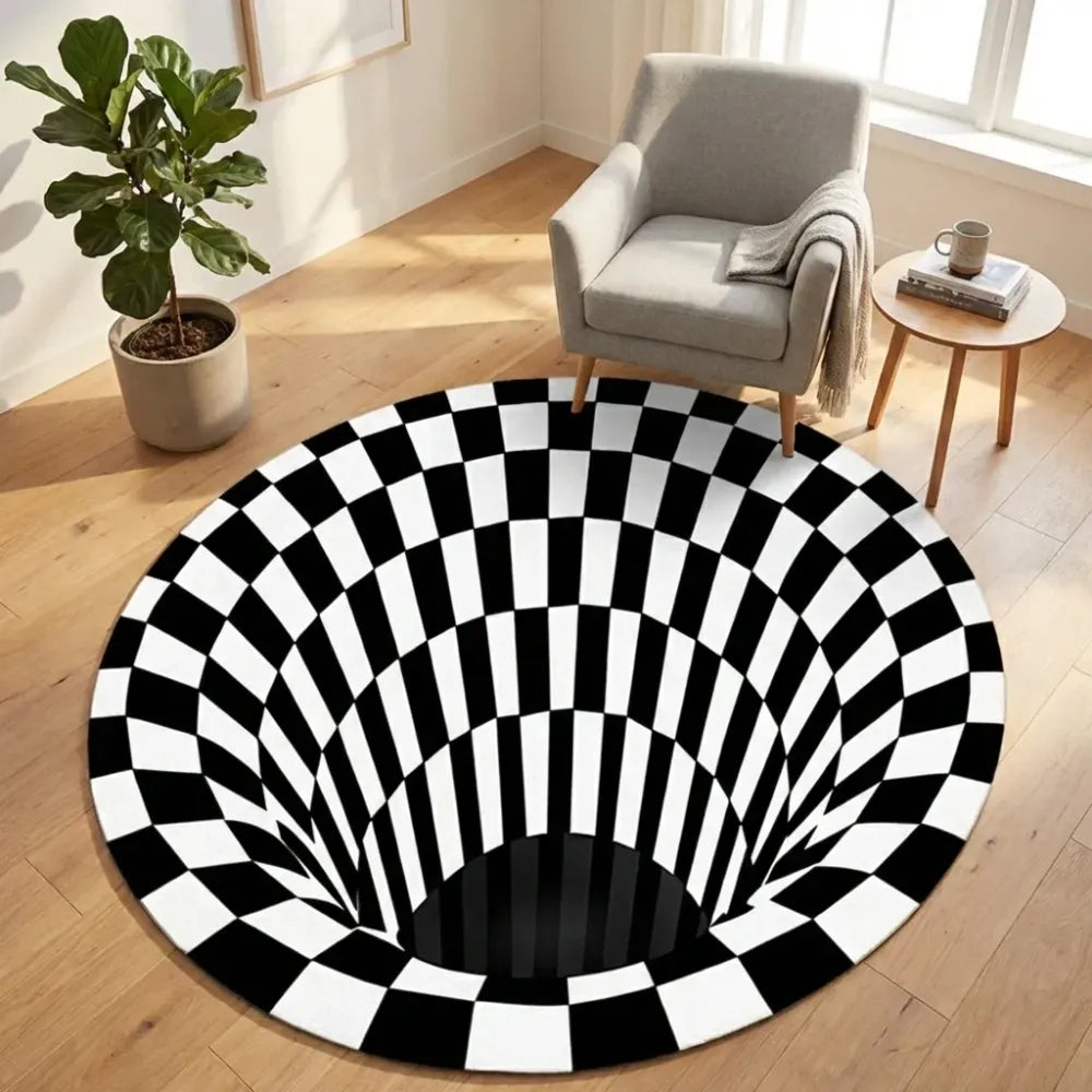 3d round black & white check carpet