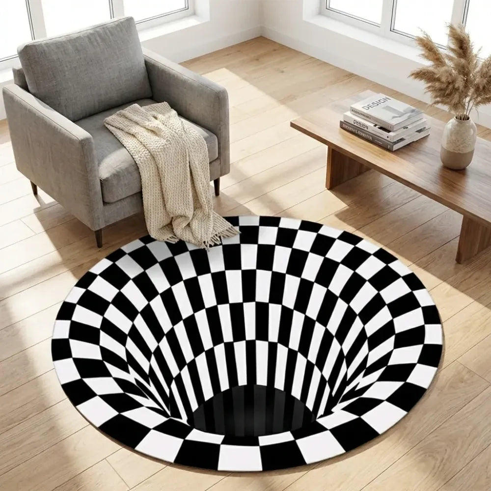 3d round black & white check carpet