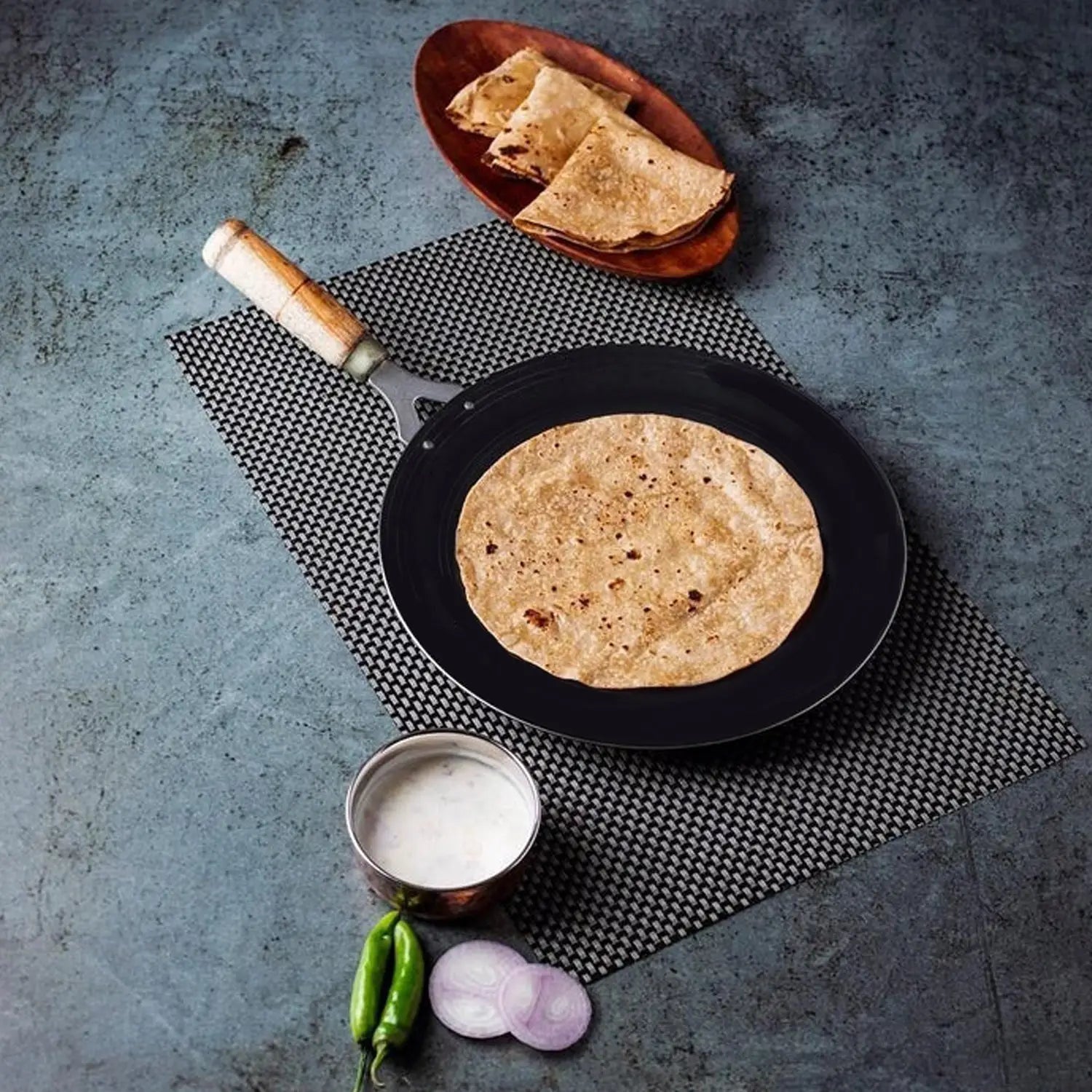 Wooden handle iron tawa