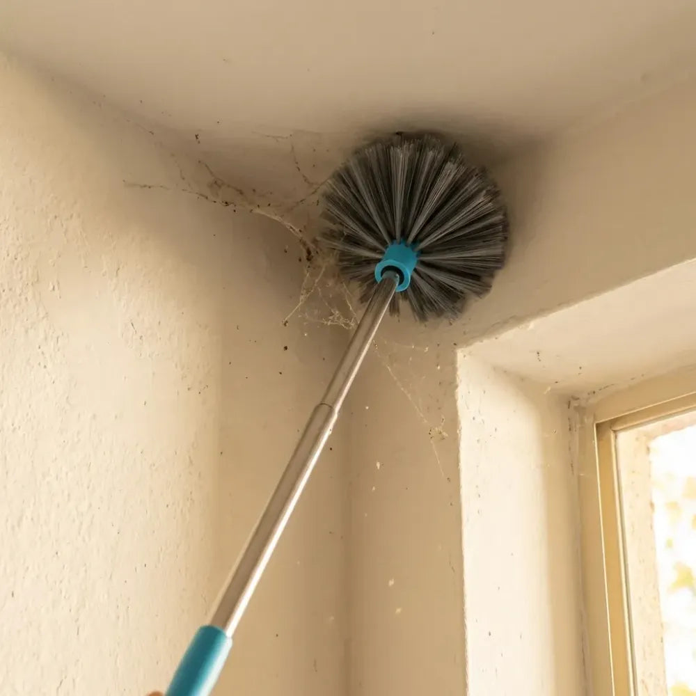 4021 cobweb brush with stainless steel strong long extendable handle for dusting ceiling cleaning lights fans webs