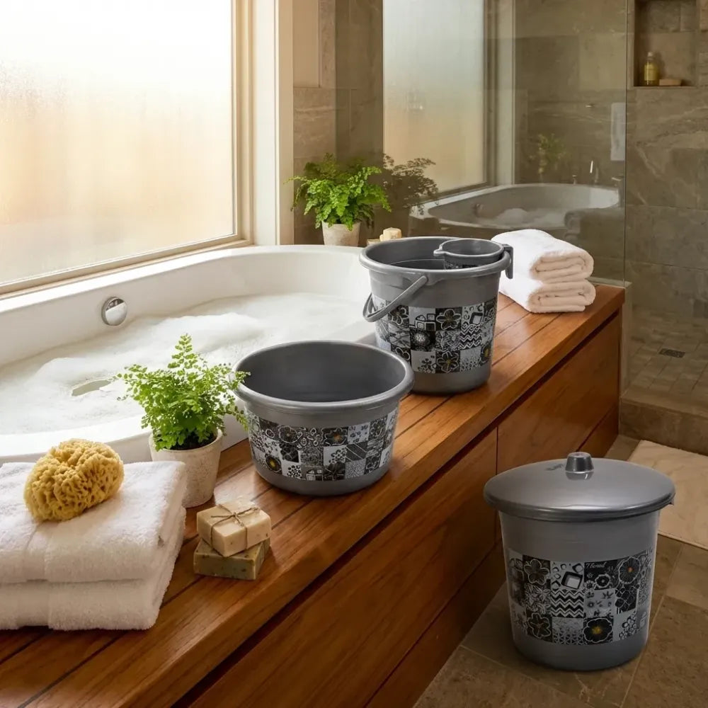 4050 large capacity plastic bathroom set of 7pieces (1pc big tub 1pc bucket1pc dustbin mug soap case dustpan stool)