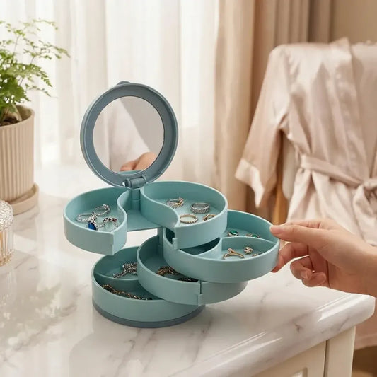 4083 4 layers jewellery box 360 degree rotating jewelry and earring organizer with mirror accessory storage travel