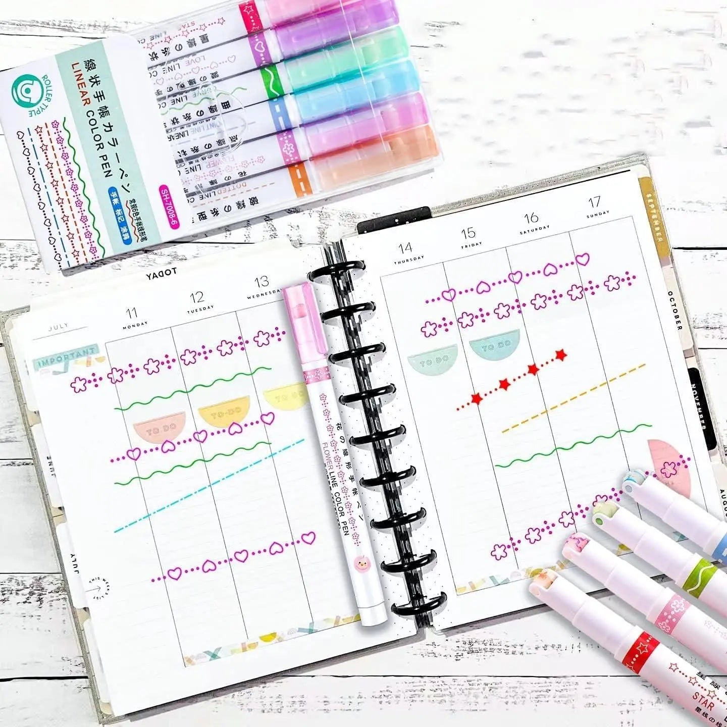 6-piece curve pattern highlighter pen set