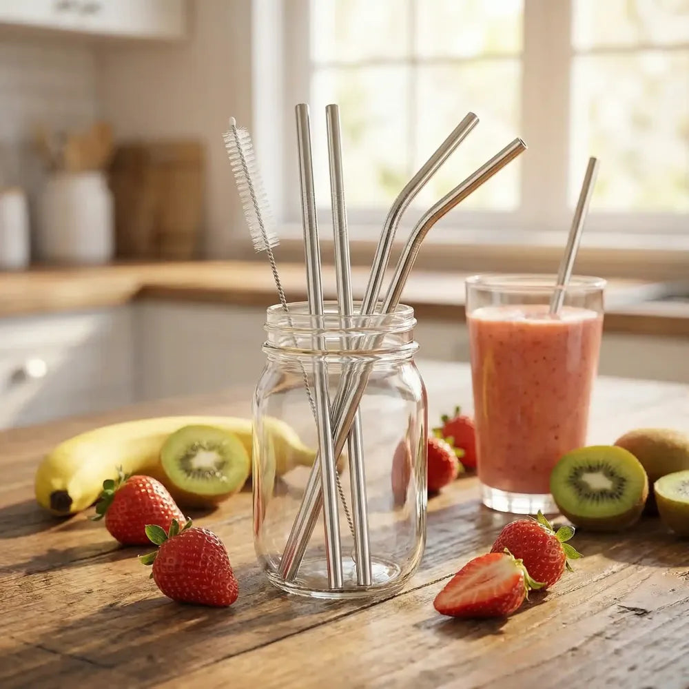 579 set of 4 stainless steel straws brush (2 straight 2 bent 1 brush) - kitchen tool