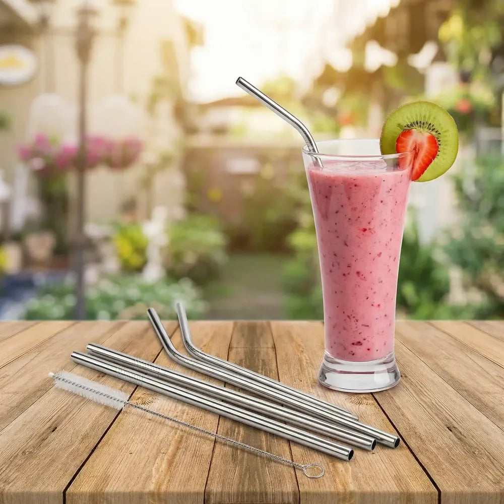 579 set of 4 stainless steel straws brush (2 straight 2 bent 1 brush) - kitchen tool