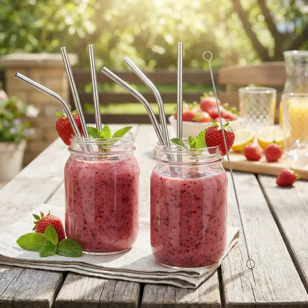 579 set of 4 stainless steel straws brush (2 straight 2 bent 1 brush) - kitchen tool