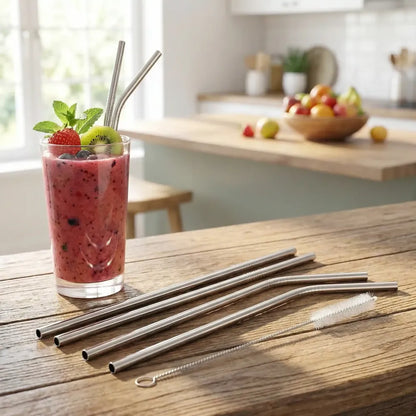 579 set of 4 stainless steel straws brush (2 straight 2 bent 1 brush) - kitchen tool