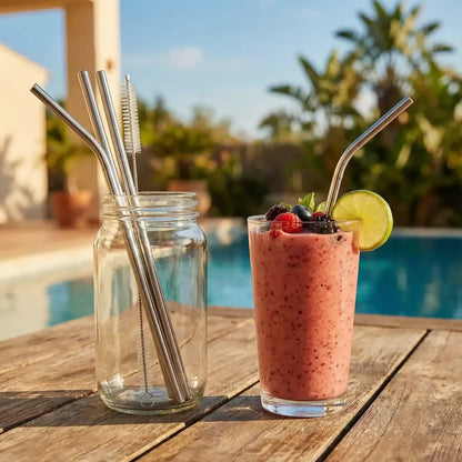 579 set of 4 stainless steel straws brush (2 straight 2 bent 1 brush) - kitchen tool