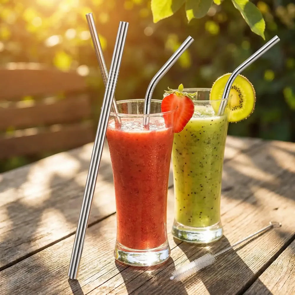 579 set of 4 stainless steel straws brush (2 straight 2 bent 1 brush) - kitchen tool