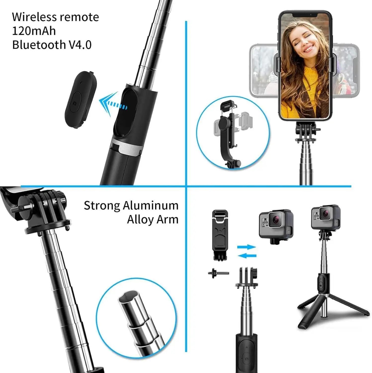 Extendable flash 3-in-1 selfie stick tripod with bluetooth remote