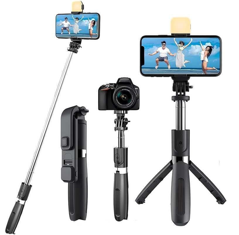 Extendable flash 3-in-1 selfie stick tripod with bluetooth remote