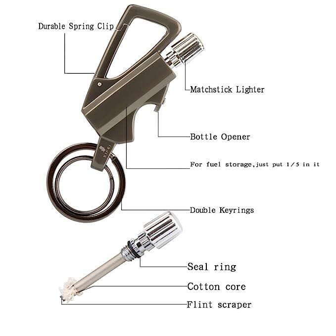 Keychain bottle opener and matchstick fire