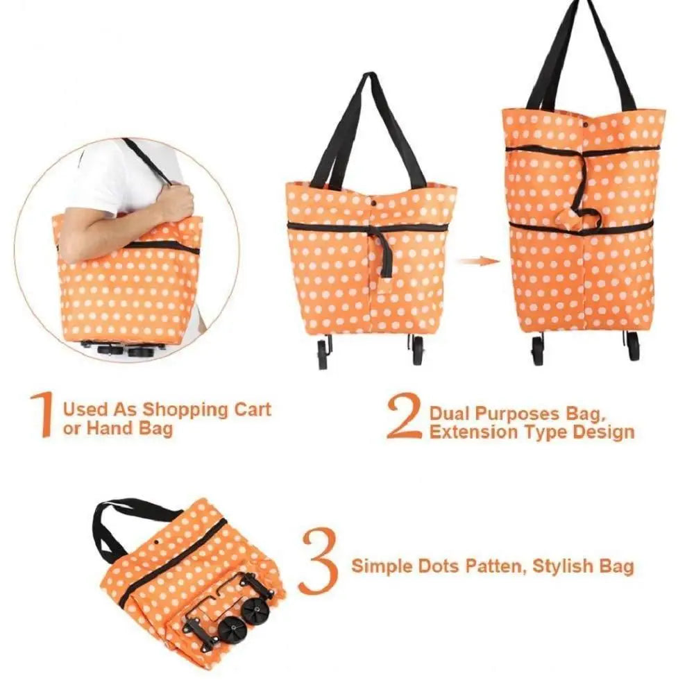Foldable light weight polyester shopping trolley bag for vegetables grocery travel dual wheel waterproof (multicolor)