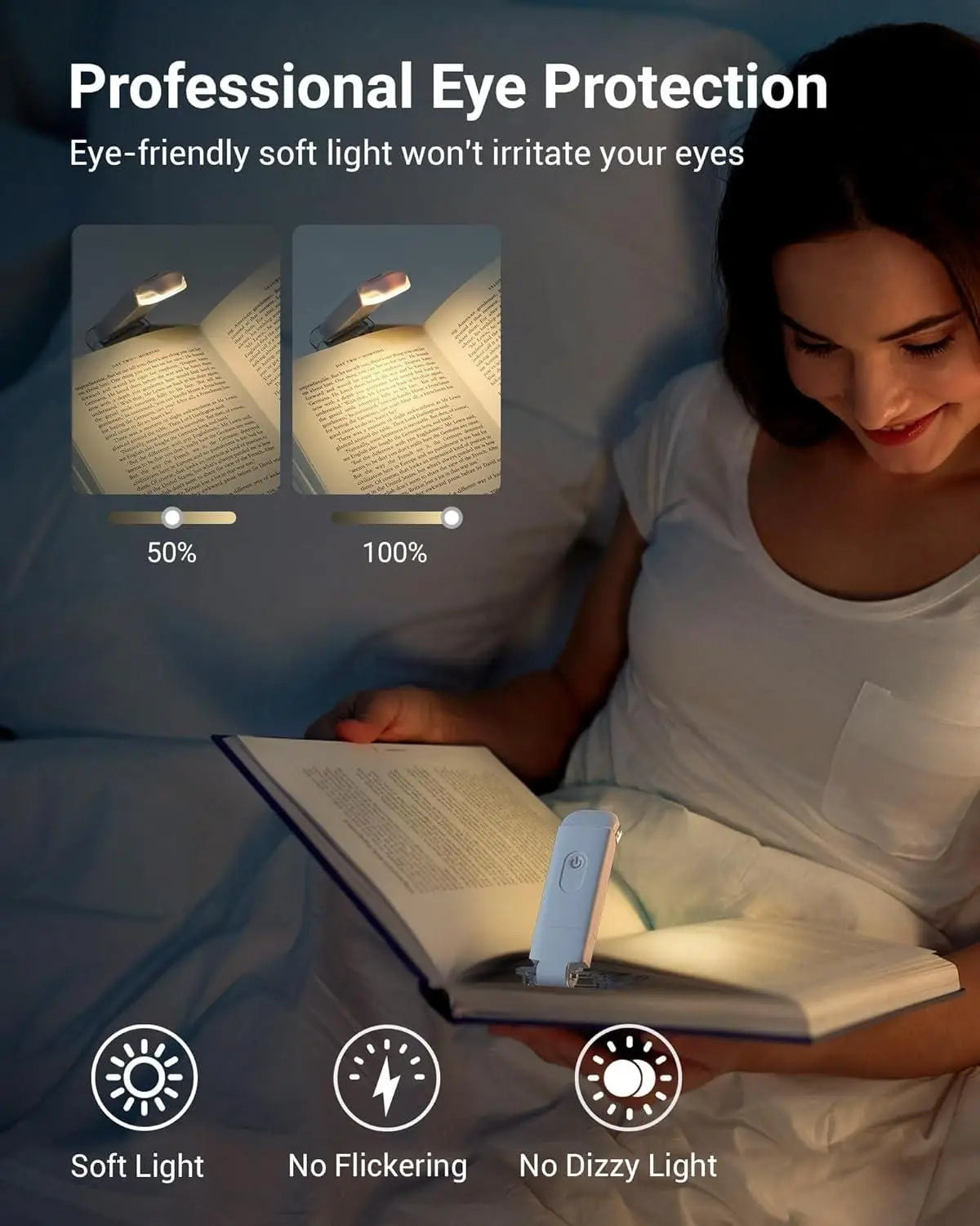 Usb rechargeable book reading light with brightness adjustable for eye-protection