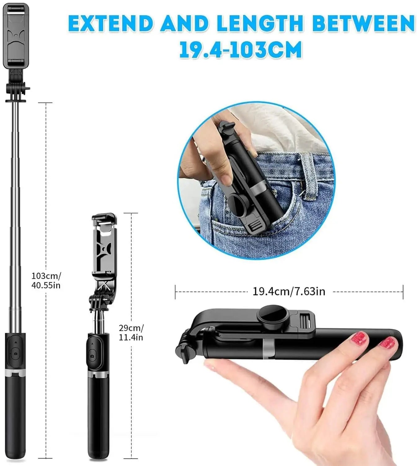 Extendable flash 3-in-1 selfie stick tripod with bluetooth remote