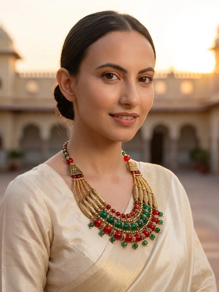 Oxidised Red & Green Beaded Necklace
