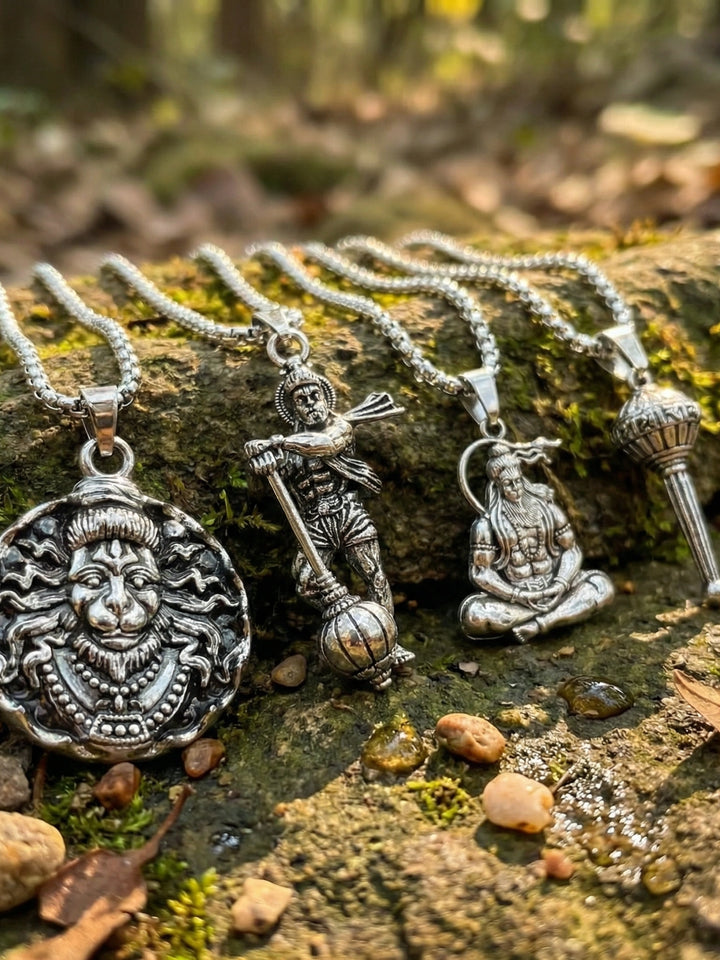 Oxidized Finish Hanuman Pendants with Chains - Pack of 4