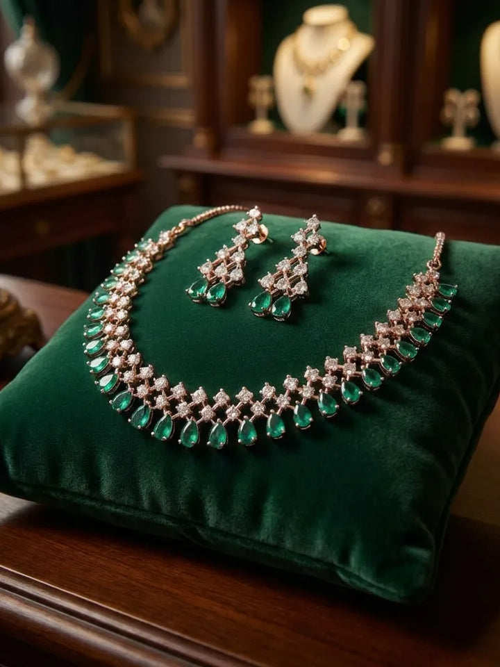 Emerald Green & Rose Gold Necklace Set