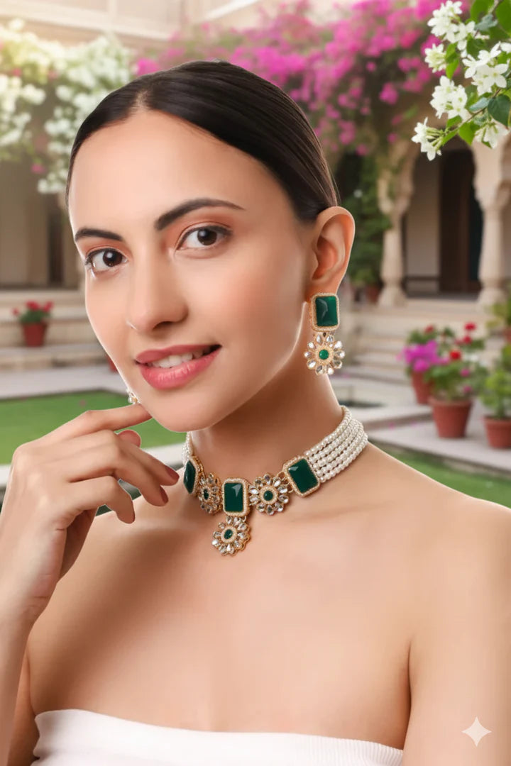 Green Stone Kundan Necklace Set