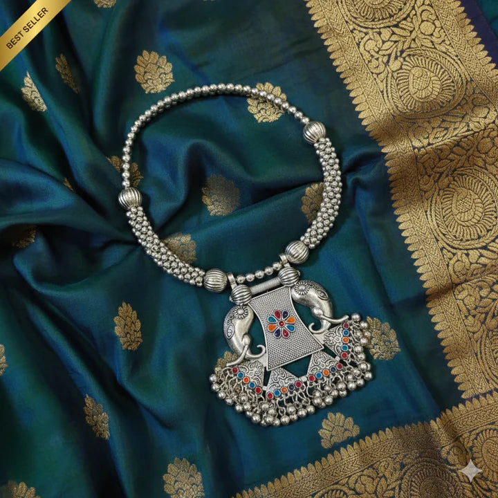 Oxidised Elephant Pendant Choker Necklace