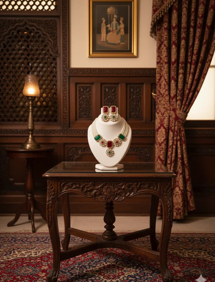 Royal Kundan Necklace Set – Red & Green Stones