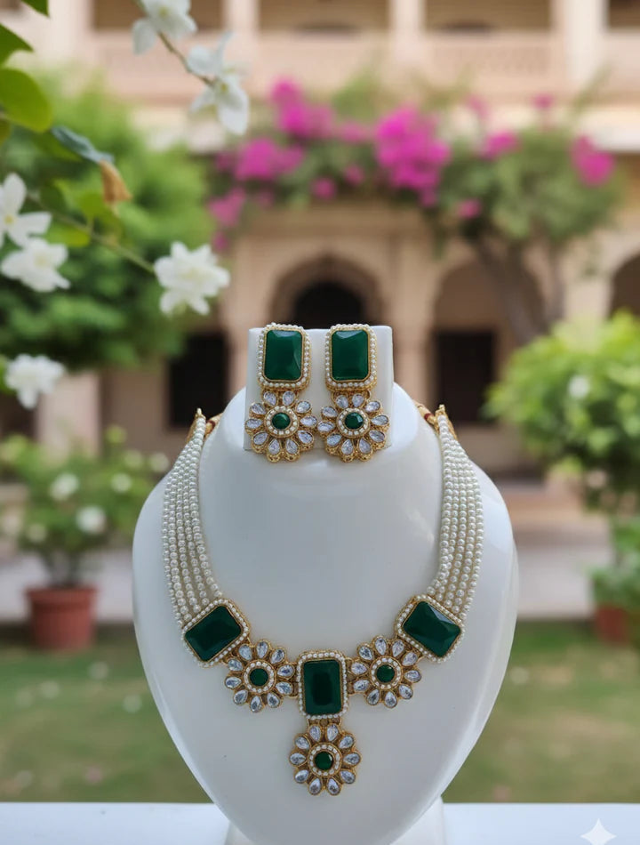 Green stone kundan necklace set