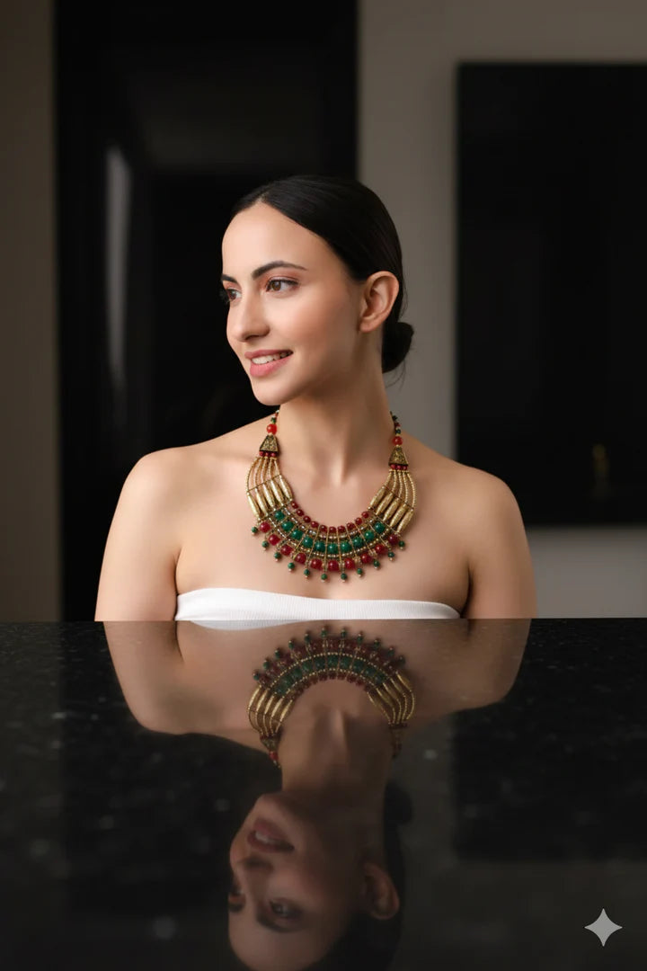 Oxidised red & green beaded necklace