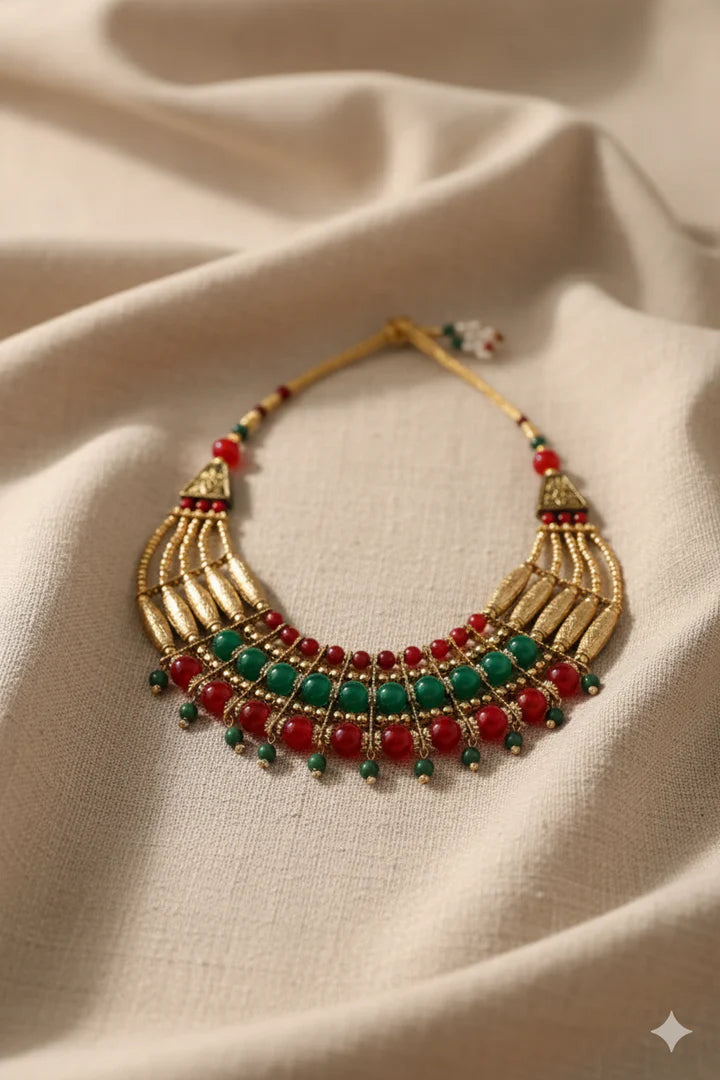 Oxidised red & green beaded necklace