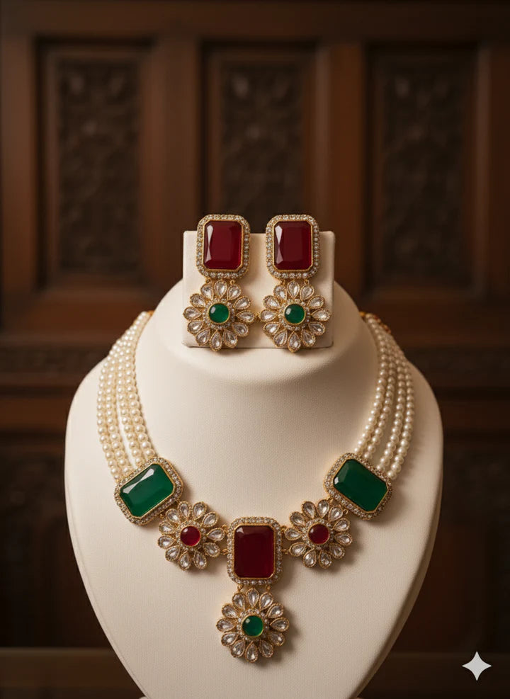 Royal Kundan Necklace Set – Red & Green Stones