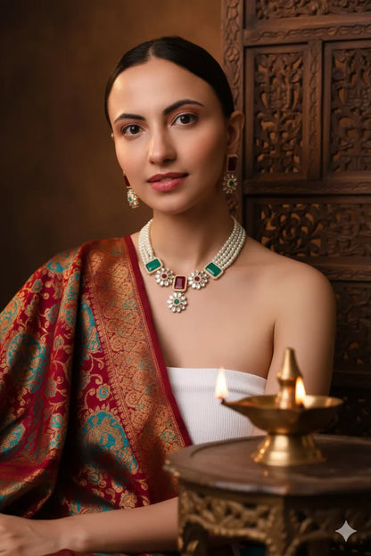 Royal Kundan Necklace Set – Red & Green Stones