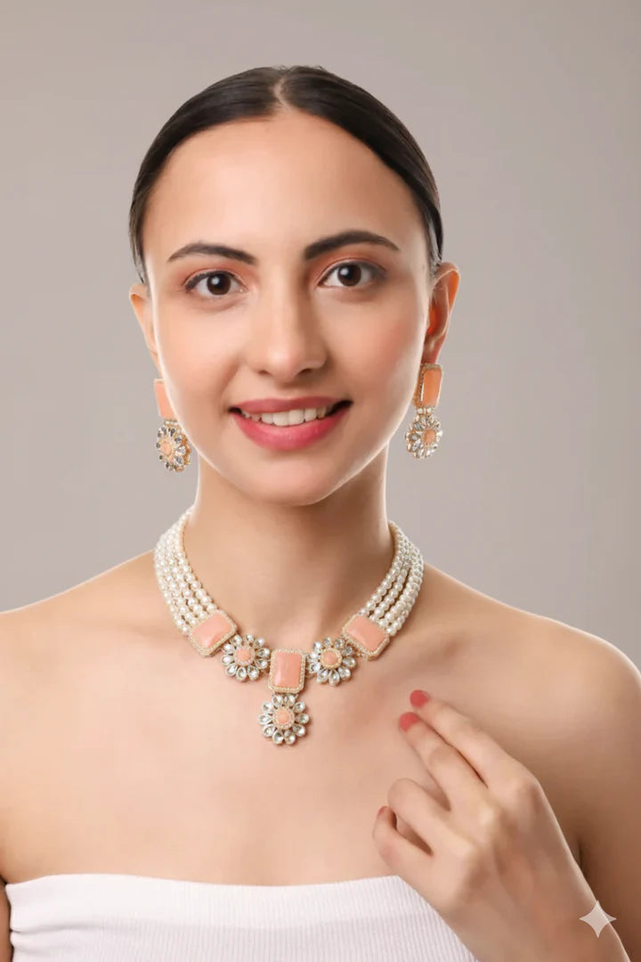 Peach kundan necklace set