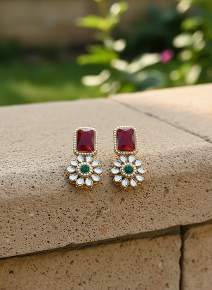 Royal Kundan Necklace Set – Red & Green Stones