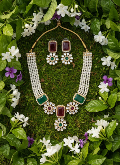 Royal Kundan Necklace Set – Red & Green Stones