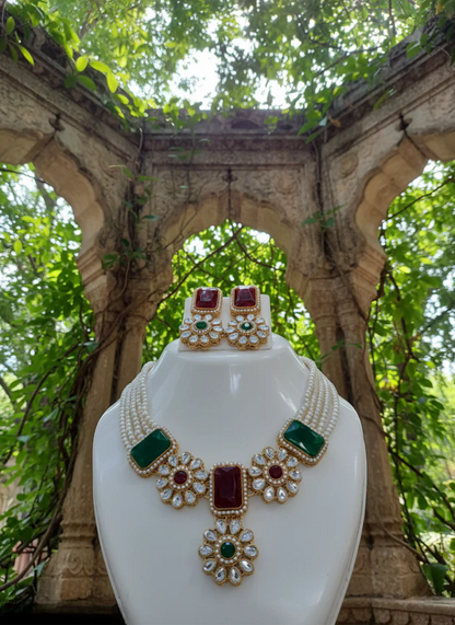 Royal Kundan Necklace Set – Red & Green Stones