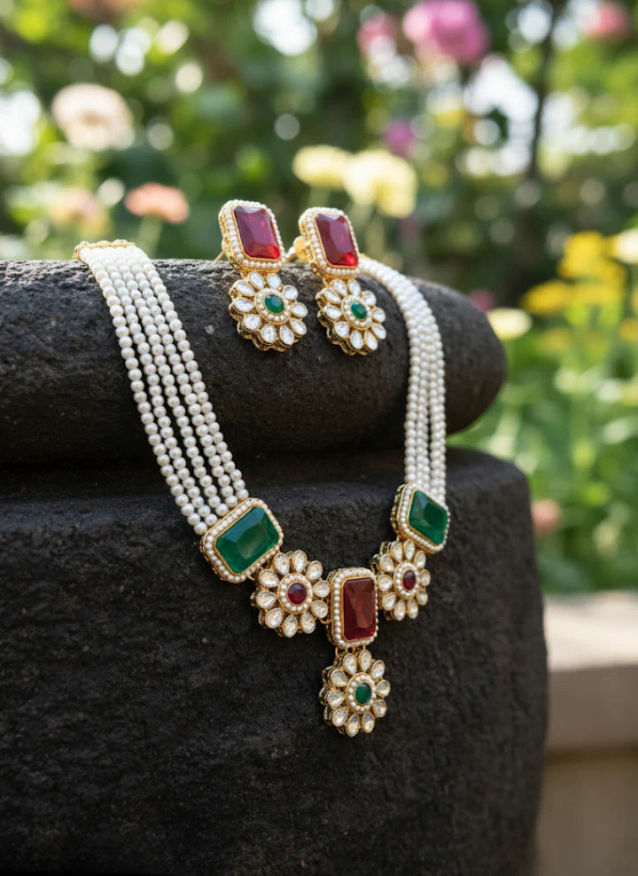 Royal kundan necklace set – red & green stones