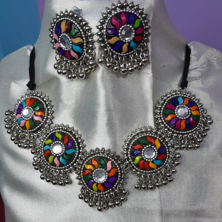 Oxidised Mirror Choker Necklace Set