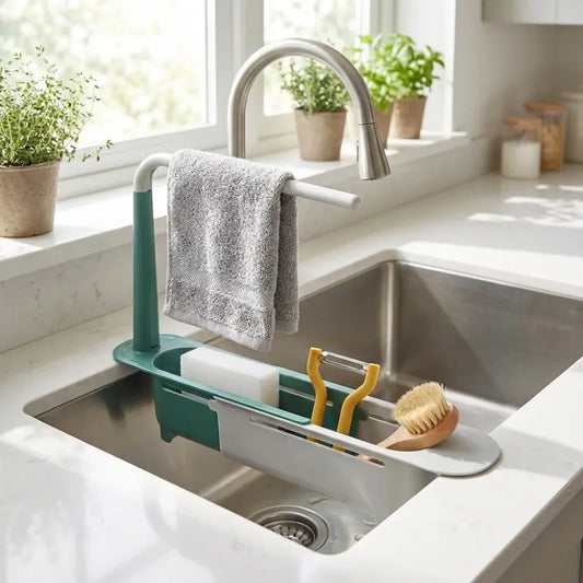 Adjustable sink storage rack