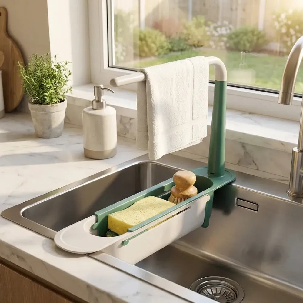 Adjustable sink storage rack