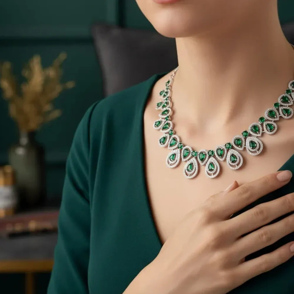 American diamond green necklace set