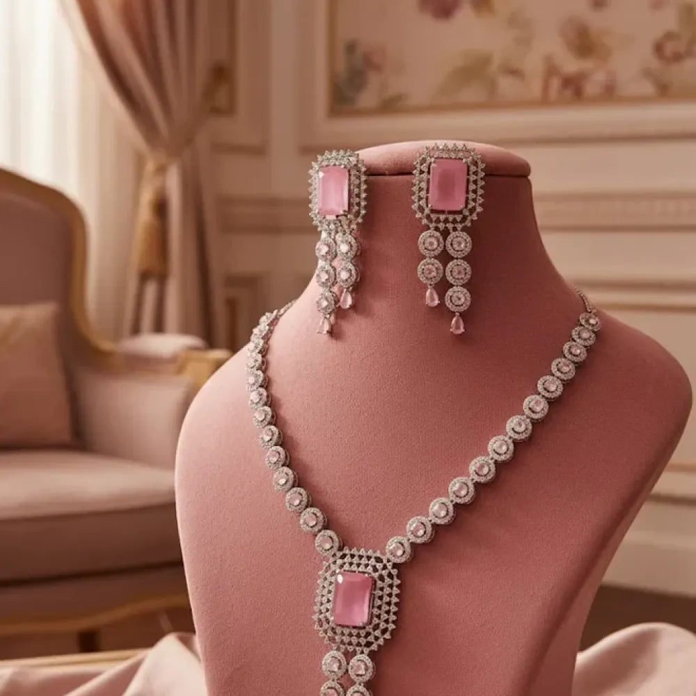 American diamond pink & white necklace set - jeweller set