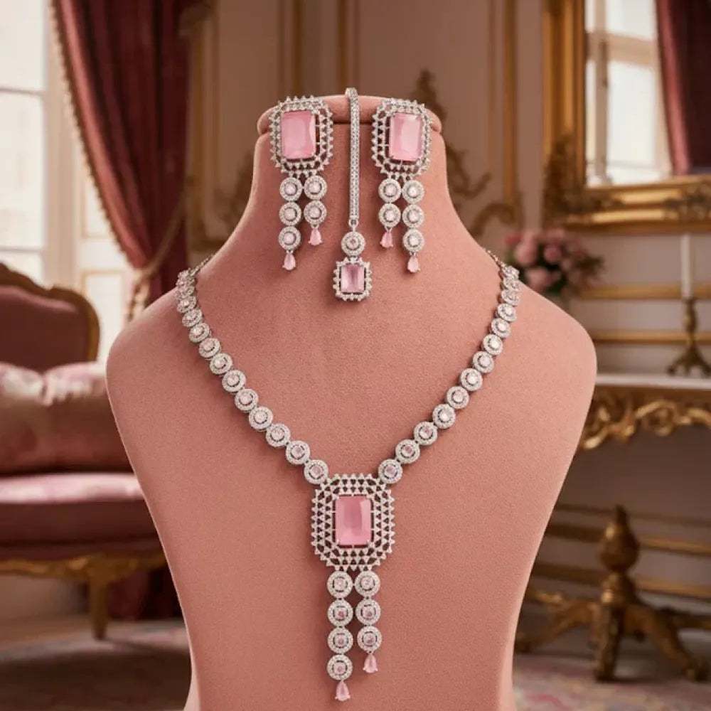 American diamond pink & white necklace set - jeweller set